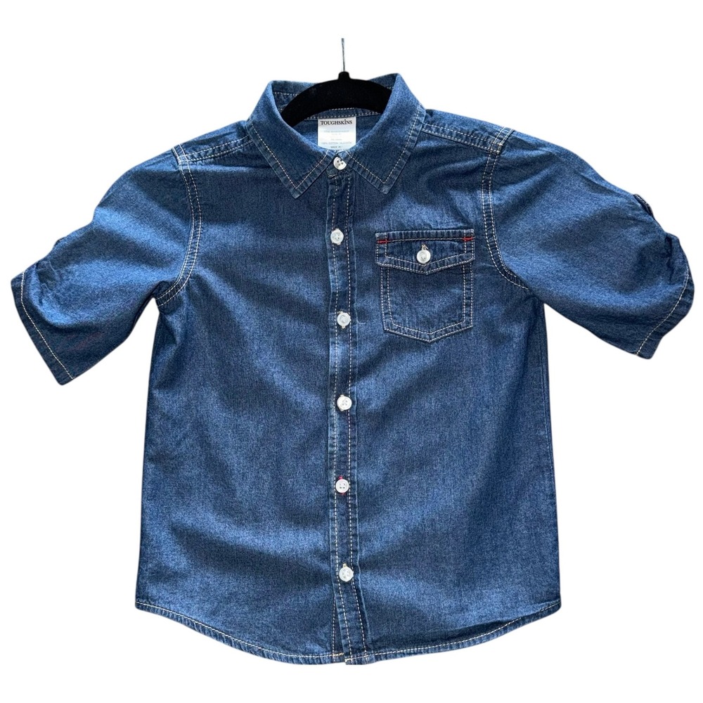 Toughskins Girls Blue Denim Short Sleeve Button Down Shirt Size M 5/6 Cotton